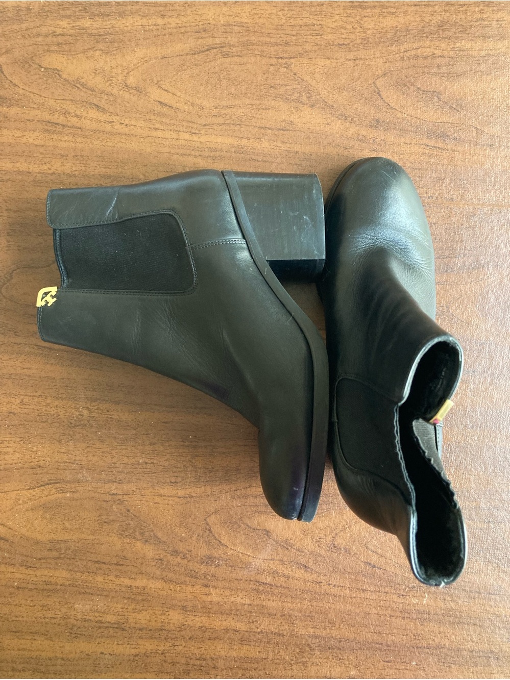 Tory Burch Black Leather Chelsea Booties with Gold Logo Tab